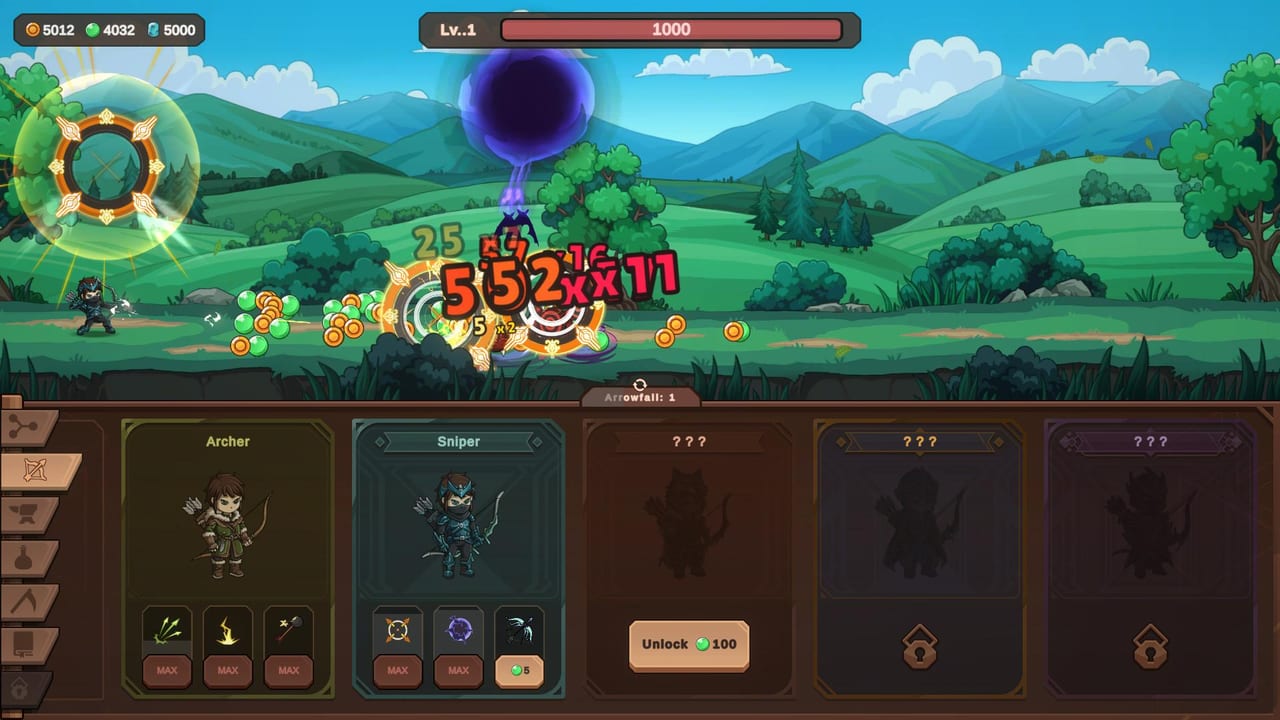 Zad Archery archer fighting target monsters with Sniper orb skills and loot coins on a green hillside